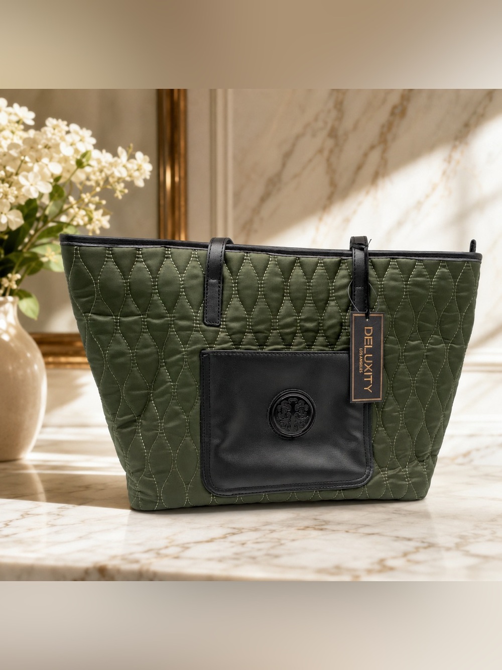 NWT Deluxity Olive Green Quilted Nylon Vegan Tote Bag Zip Top